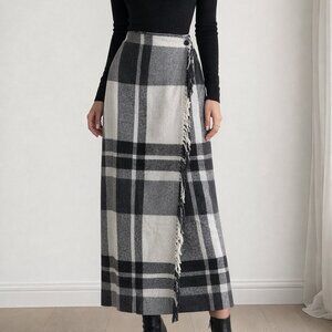 Worthington Black White Plaid Wool Wrap Maxi Skirt